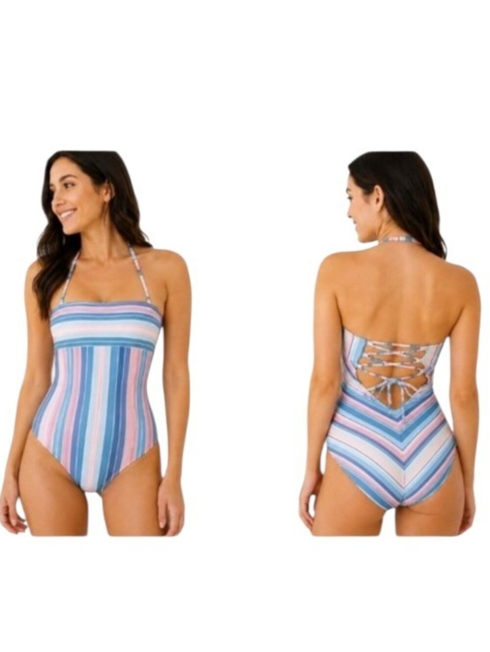Splendid~Pink & Blue Pastel Stripe One-Piece Swimsuit – Crisscross Tie Back, L